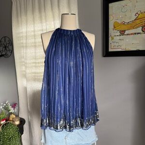 Ranna Gill Navy Sequin Pleated Halter Blouse